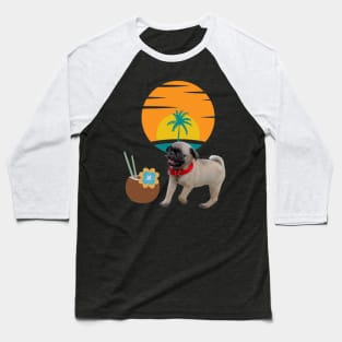Tiny dog , coco drink and palm tree on sunset background . Baseball T-Shirt
